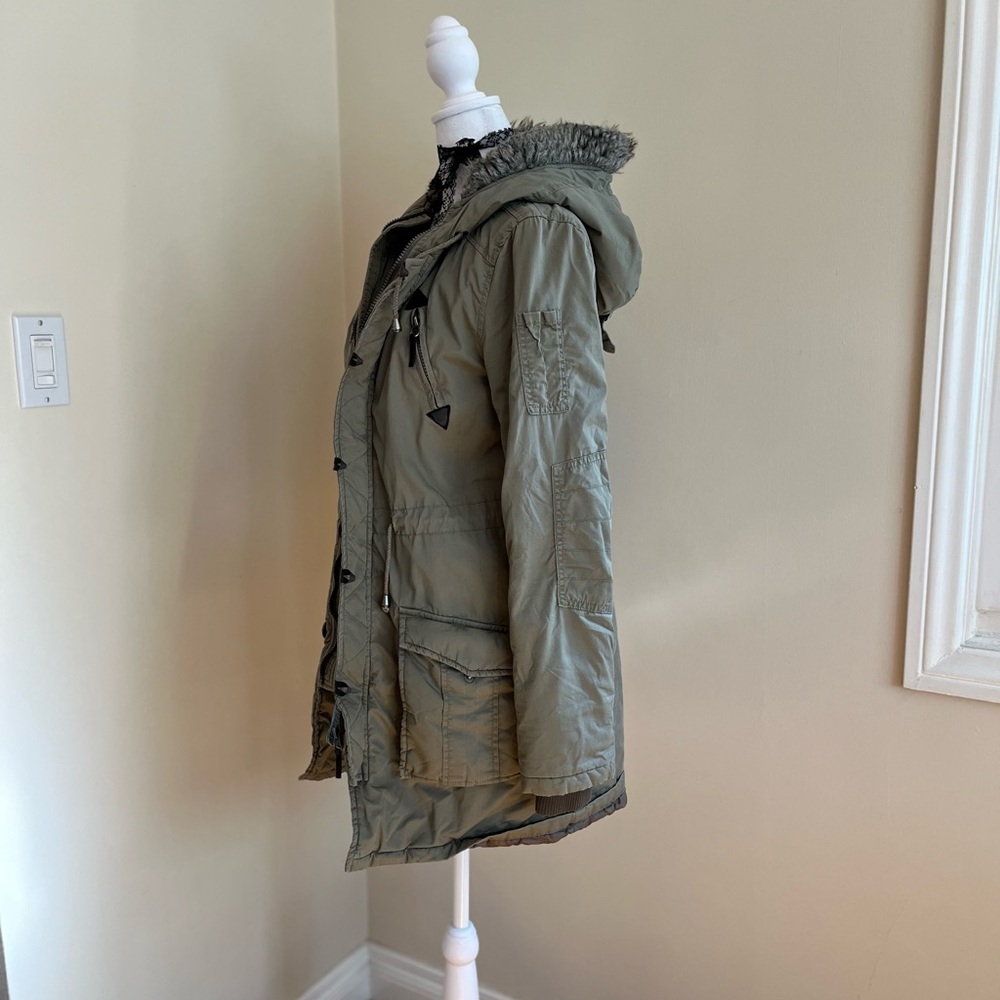 Vintage Y2K Bella Swan Green Fur Trim Military Cargo Parka Coat Jacket Hoodie M - Picture 7 of 14